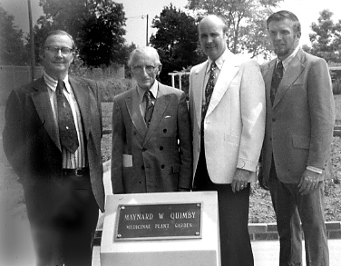 The dedication ceremony at the Medicinal Plant Garden in 1976 (Left to right: Dr. Charles E. Noyes, Associate Vice Chancellor, Professor of English; Dr. Maynard W. Quimby, Emeritus Professor of Pharmacognosy; Dr. Wallace L. Guess, Dean of School of Pharmacy and Dr. Norman J. Doorenbos, Chairman and Professor of Pharmacognosy).